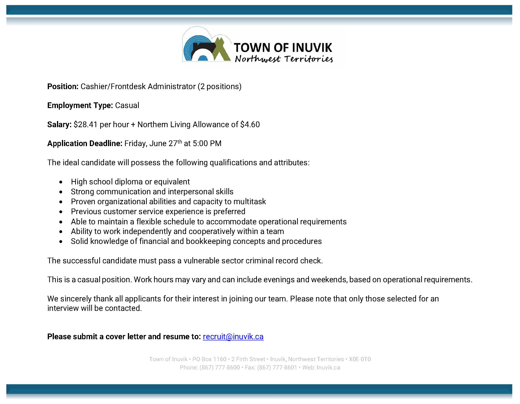 Cashier Msc FRONT DESK